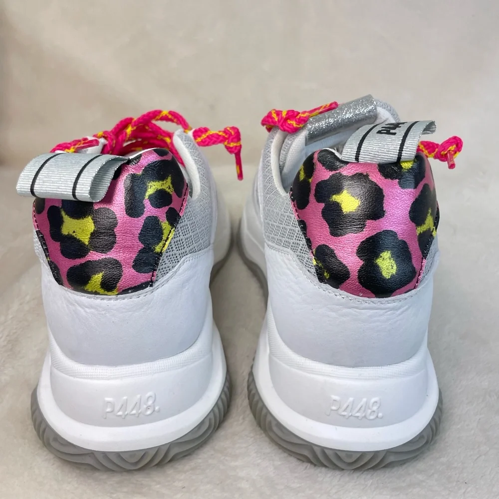 P448 Luke White and Pink Leopard Chunky Trainer Sneakers 39 EU, ( E 538)‎
